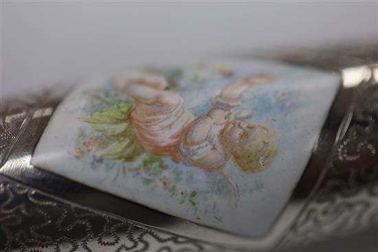 A Victorian silver novelty double scent bottle modelled as a cracker, inset enamel panel, by Samuel Mordan & Co., London 1883